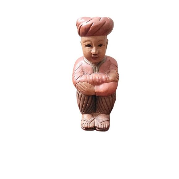 Vintage Hand Carved Wood Figure Man Turban Seated Pose Folk Art - Picture 2 of 8